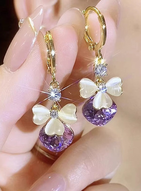 夏季时尚小清新紫色锆石猫眼石花瓣耳扣女轻奢高级感时尚耳环