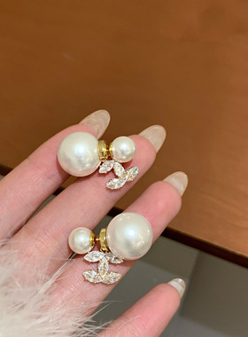 真金电镀银针镶锆石珍珠耳环轻奢高级感耳钉女百搭耳饰设计感小众