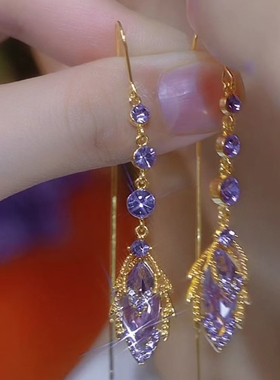 铜合金立方氧化锆紫色耳环女2025新款爆款流苏叶子耳线耳饰N2215