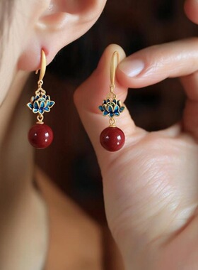 朱砂莲花耳环女耳钩国风时尚旗袍复古烧蓝珐琅耳钉转运轻奢耳饰