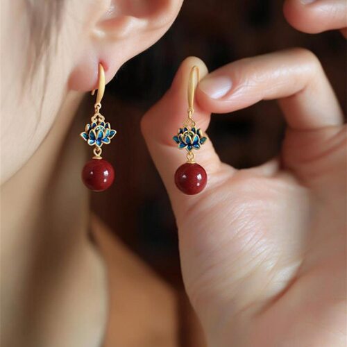 朱砂莲花耳环女耳钩国风时尚旗袍复古烧蓝珐琅耳钉转运轻奢耳饰