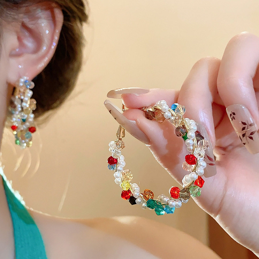 夏日多巴胺彩色串珠圆圈耳环女高级感度假风耳圈耳钉素圈耳饰耳扣