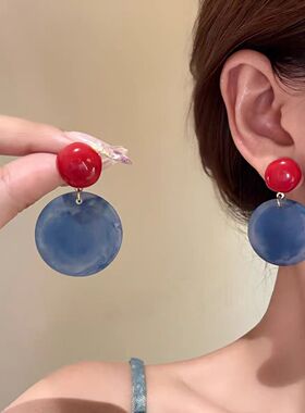 新款雾霾蓝色亚克力圆片耳钉轻奢高级感耳环港风复古设计感耳饰女