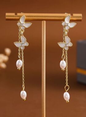 超仙长款流苏珍珠蝴蝶耳钉女气质时尚设计简约百搭精致高级感耳饰