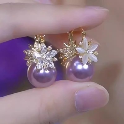 紫色珍珠锆石花朵耳环女2025新款爆款耳扣高级感耳钉轻奢女士耳饰