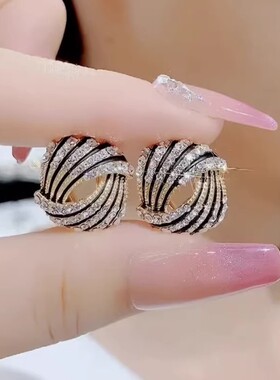 高级感满钻黑色条纹耳钉女s925纯银耳饰气质简约韩国耳饰2024新款