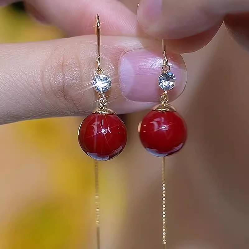 气质复古红色珍珠耳线显脸瘦流苏耳线2025新款红色本命年耳环耳饰