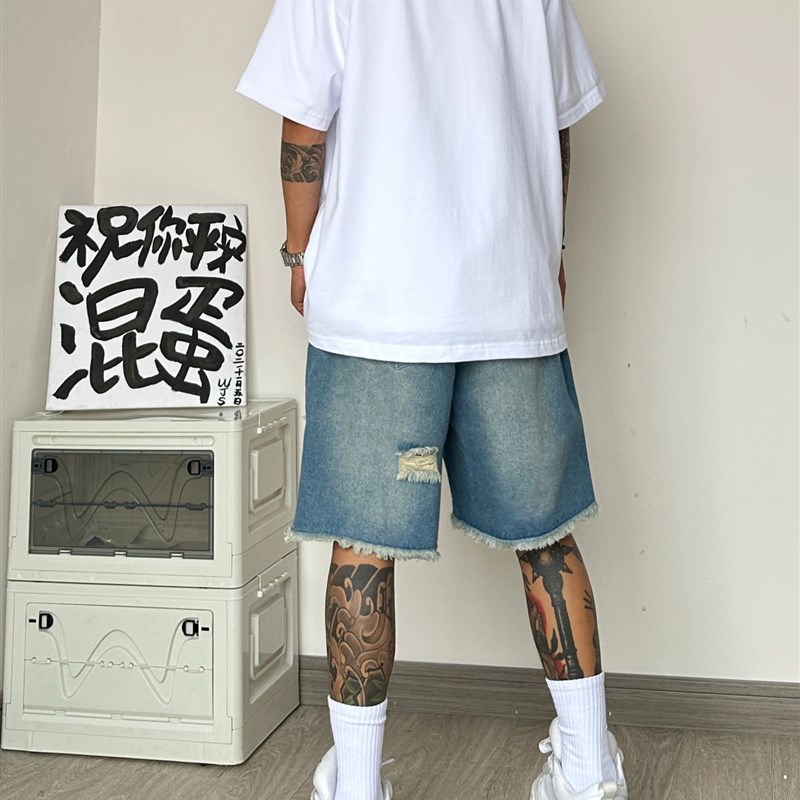 夏季薄款b破洞毛边牛仔短裤男美式潮流复古宽松阔腿直筒中腰五分