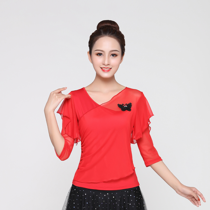 广场舞服装新款五分袖上衣女青z中年夏秋季修身拉丁舞演出舞蹈上