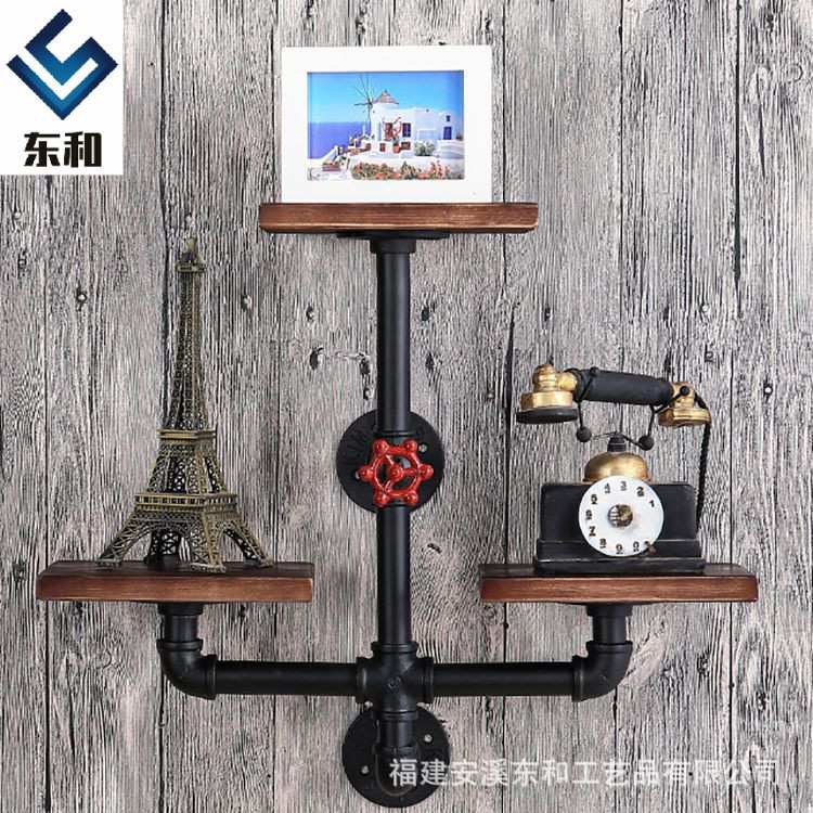 美式 复古工业风实木铁艺水管书架 客厅酒吧墙上一字隔板置物架