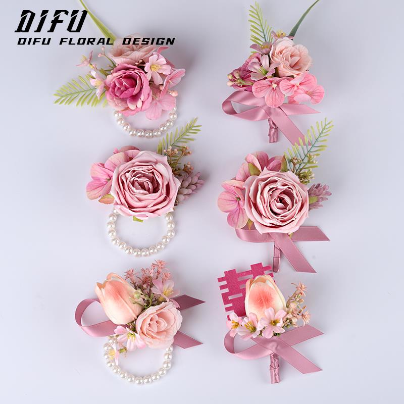 粉色少女感新娘手腕花婚礼伴娘姐妹手花儿童舞蹈演出手环结婚胸花