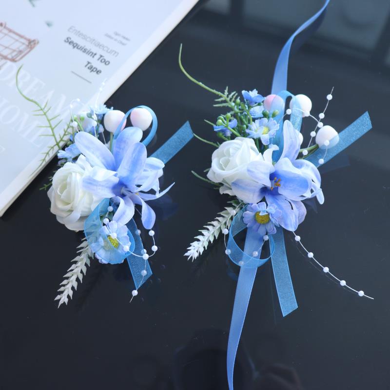原创白蓝玫瑰森系西式婚礼新郎新娘结婚胸花伴郎伴娘姐妹团手腕花