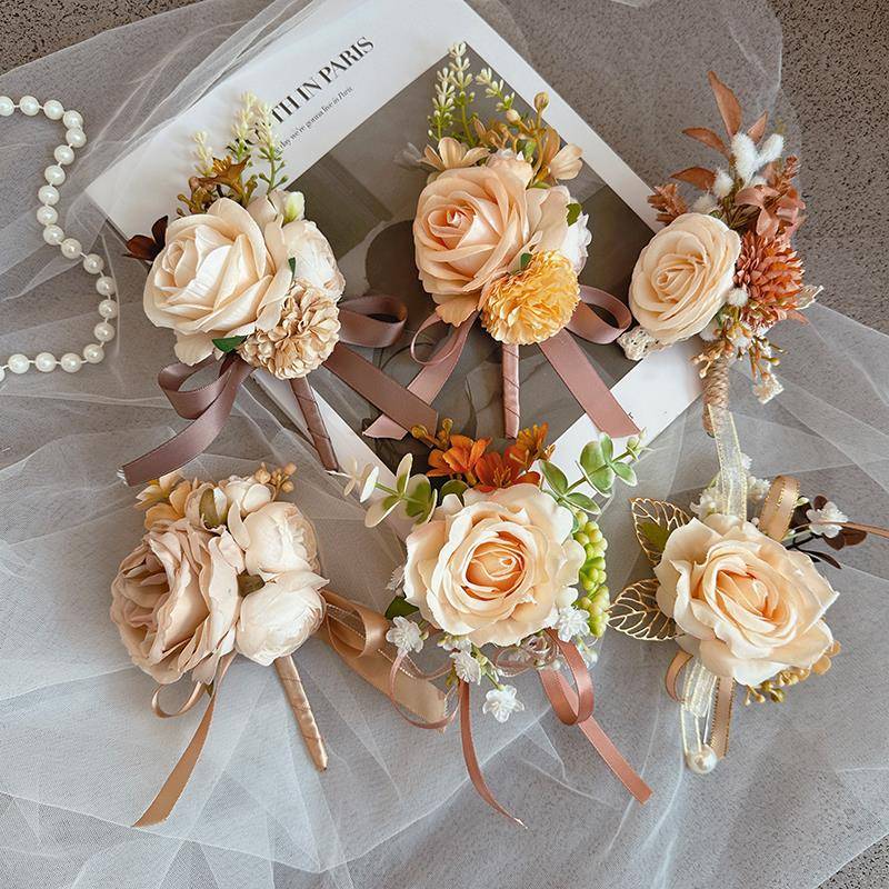 橙色粉红色蒲公英香槟色玫瑰胸花手腕花婚礼胸花新娘，新郎，伴娘