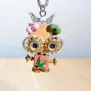 木质朋克机器人项链diy配件吊坠钥匙扣情侣生日礼物可爱车载摆件