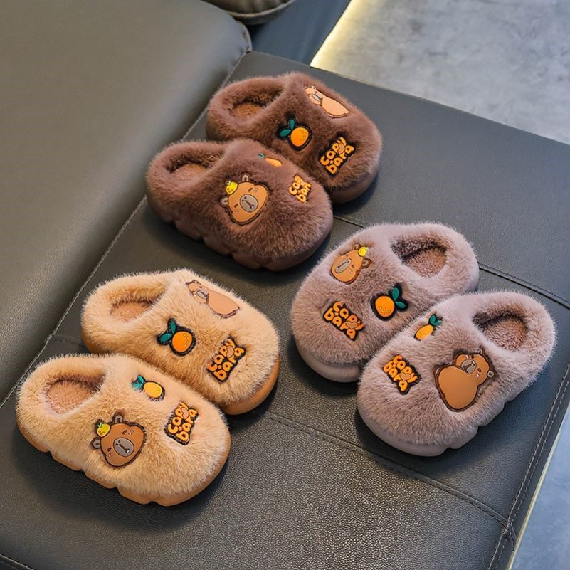 卡皮巴拉冬季儿童棉拖鞋男女童保暖加绒毛毛亲子厚底宝宝包跟棉鞋