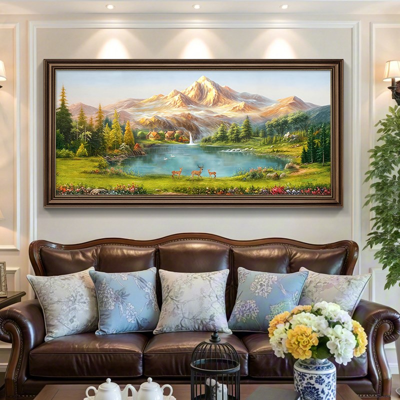 山水画客厅挂画适合大白墙的装饰画沙发背景墙壁画美式聚宝盆油画