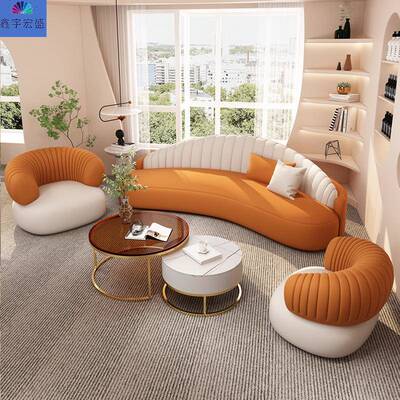 轻形奢简约弧布艺沙发谈组合区酒GGM店大堂接待办公洽售楼处异形