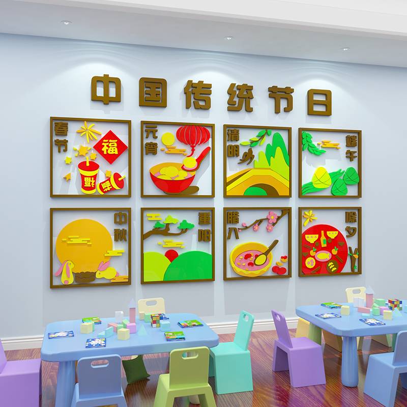 传统节日幼儿园墙面装饰楼梯台阶走廊环创主题成品托管班文化墙贴