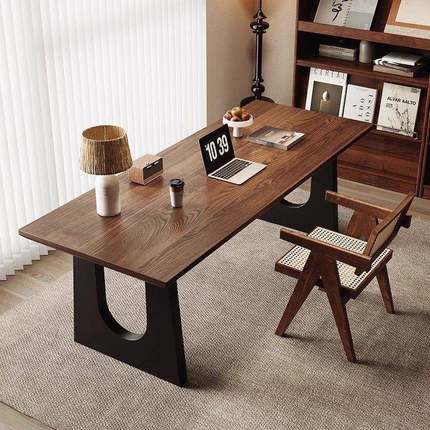 简约实木桌书胡桃木色客YFL厅大长桌工作议台大板餐书桌一体餐会