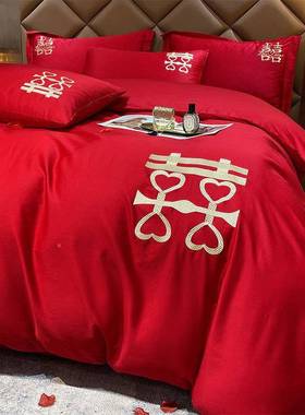 高档件结婚四套大全棉简约刺上绣中式新房hcz4hscR婚庆红床用品喜