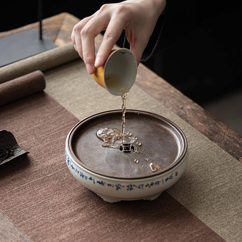 古青仿古壶承手写青花釉下拟古陶瓷干泡盘古铜做旧小茶盘