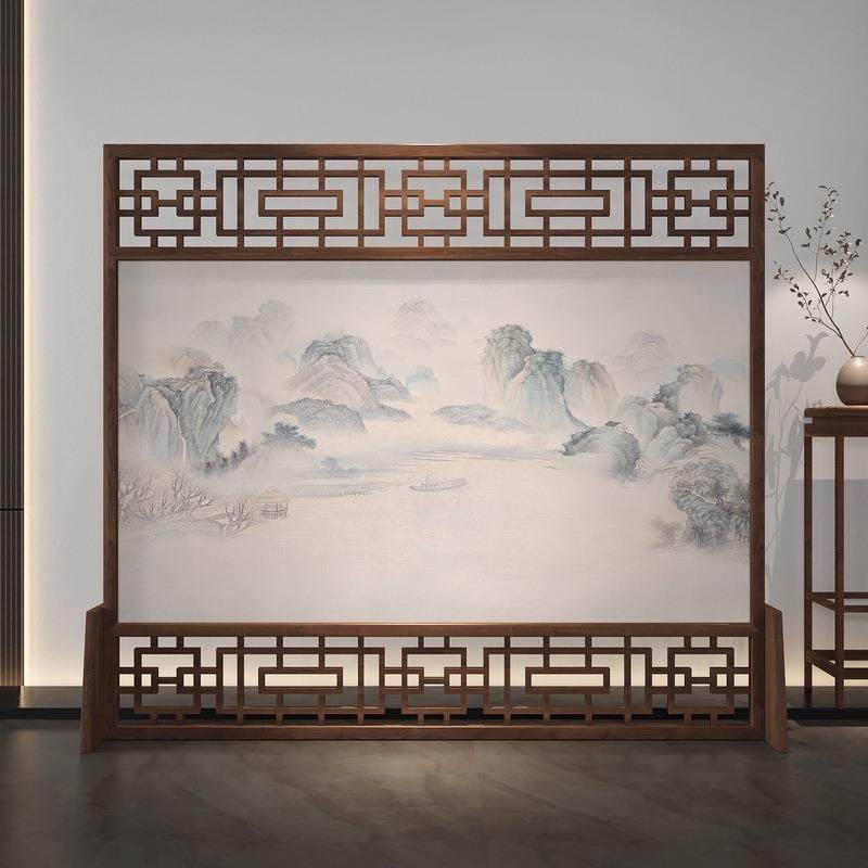 简约屏风断客厅中式隔遮挡大CEK可茶移动堂入户酒店办公室室山水