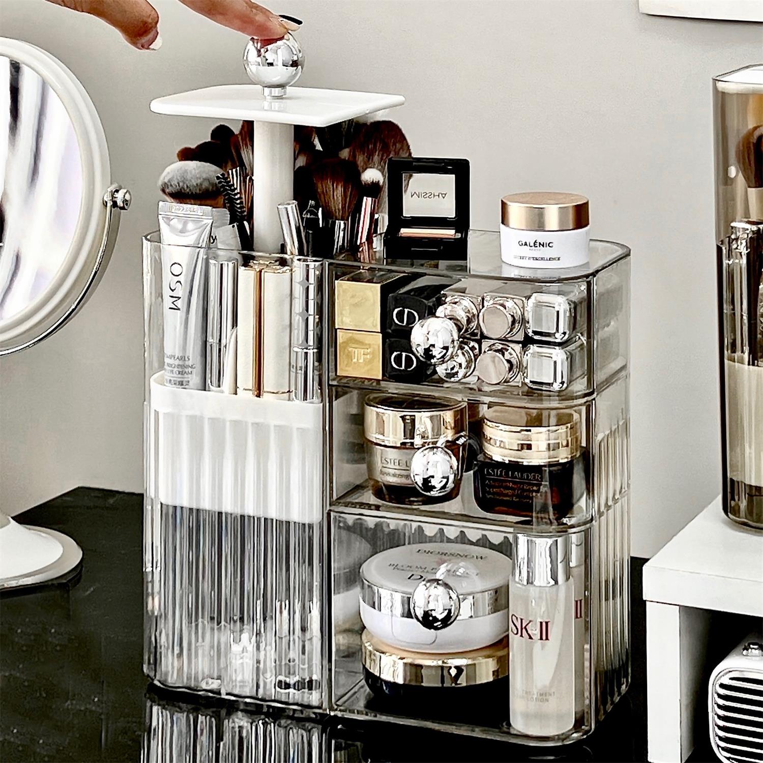 按压升降化妆刷收纳筒桌面高级感抽屉式收纳盒化妆台化妆品置物架