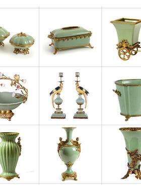 欧式绿色冰裂纹陶瓷配铜花瓶纸巾盒法式宫廷客厅玄关壁炉高端摆件