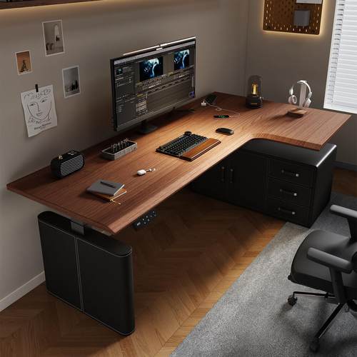 转角实木电动升降桌腿电脑桌台式办公室桌带储物柜书房家具书桌子