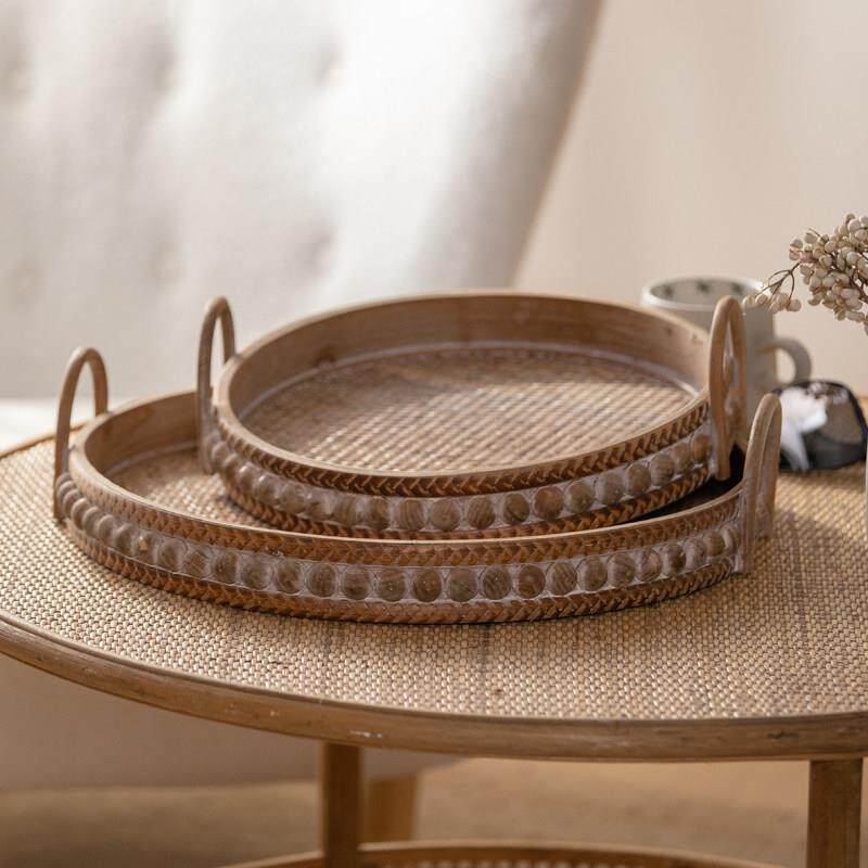 藤编实木托 托盘手工覆古香水圆形收纳筐把手化妆品果盘民宿北欧