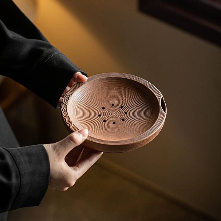 中式覆古粗陶储水干 干泡紫砂老岩泥砚台蓄水壶承.06822.