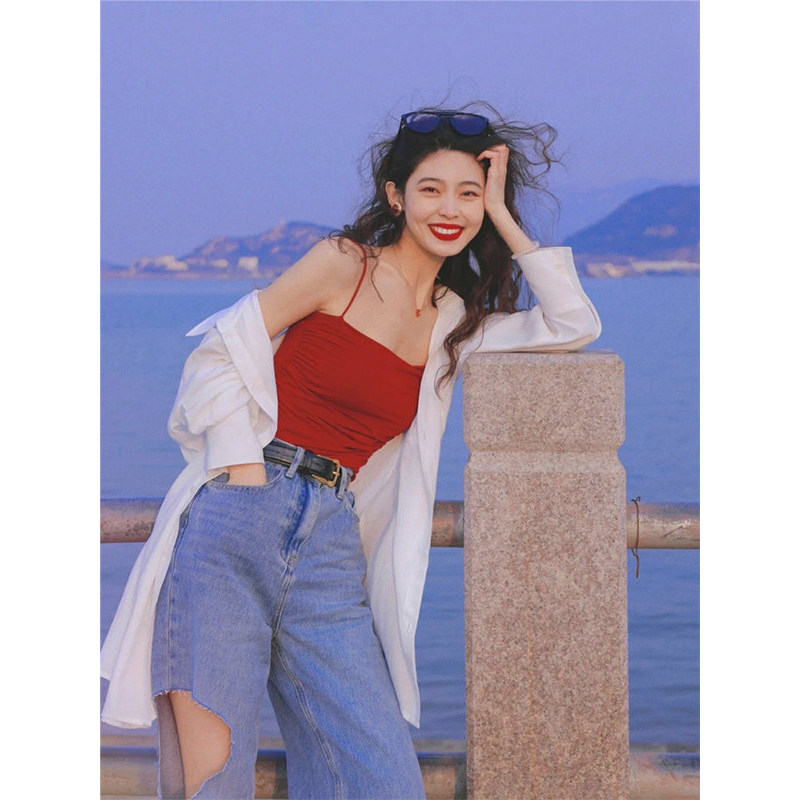 法式复古红色吊带小背心女夏季高级感甜辣美背带胸垫抹胸纯欲上衣