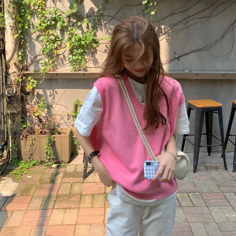 粉色针织马甲女春季韩系学院风v领软糯亲肤短款坎肩叠穿背心上衣