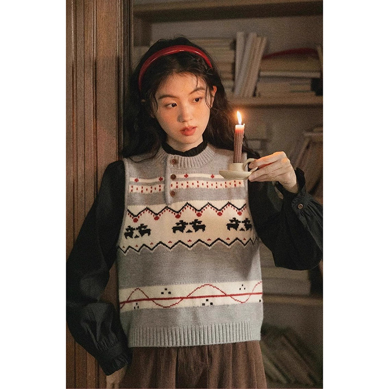 复古文艺费尔岛提花针织马甲女春秋软糯无袖背心学院风毛衣上衣厚