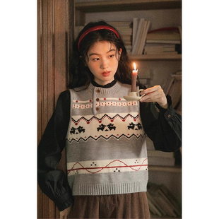 复古文艺费尔岛提花针织马甲女春秋软糯无袖背心学院风毛衣上衣厚