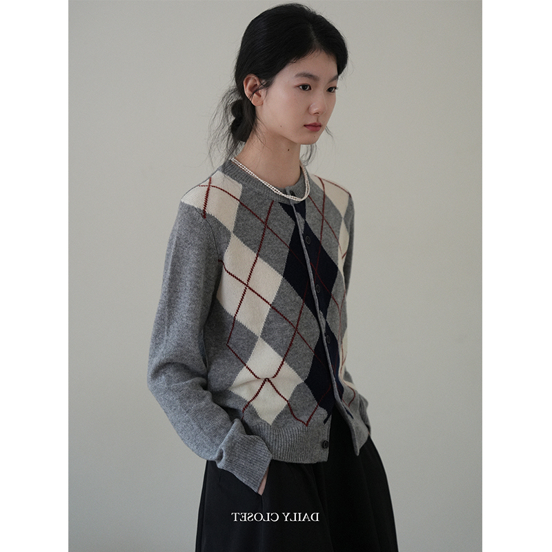 miu系格纹毛衣外套女秋冬打底衫