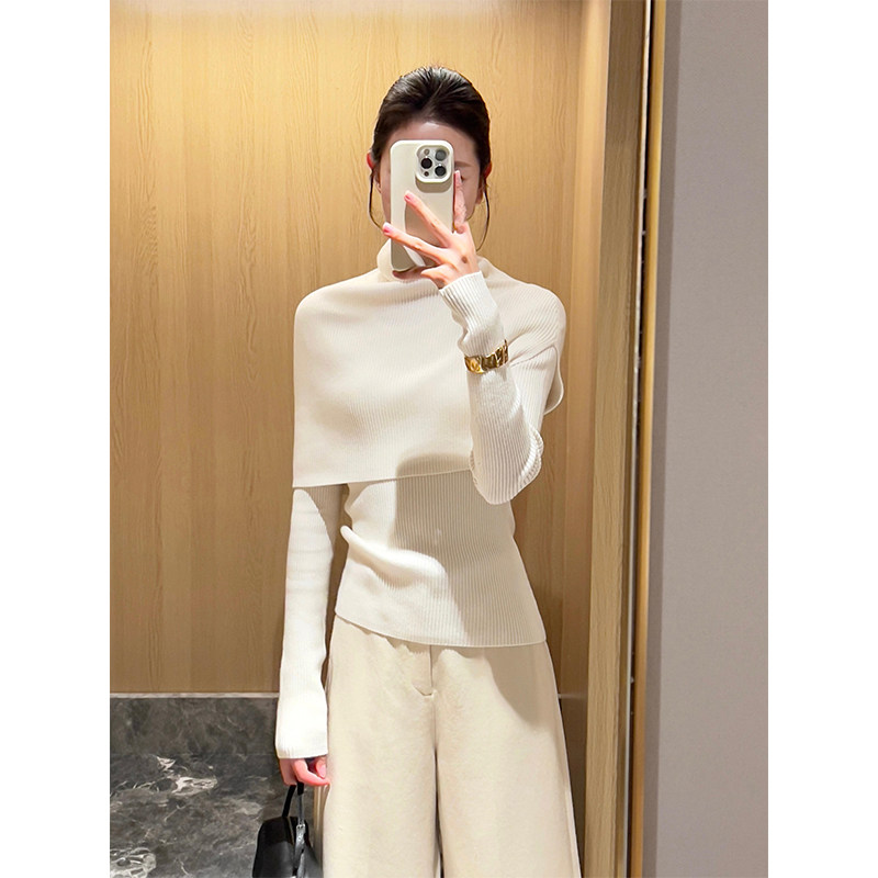法式时髦白色斗篷针织衫披肩两件套女秋冬氛围感高领毛衣打底上衣
