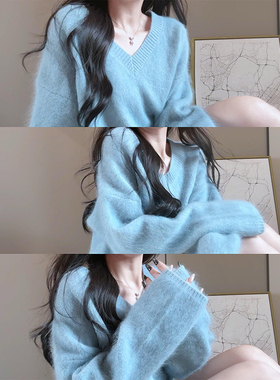 韩国温柔蓝色马海毛毛衣女秋冬高级感慵懒软糯小个子宽松针织上衣