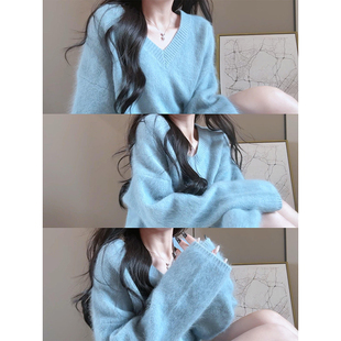 韩国温柔蓝色马海毛毛衣女秋冬高级感慵懒软糯小个子宽松针织上衣