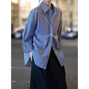 法式高知穿搭蓝色条纹衬衫女春夏季休闲垂感长袖衬衫通勤职业上衣