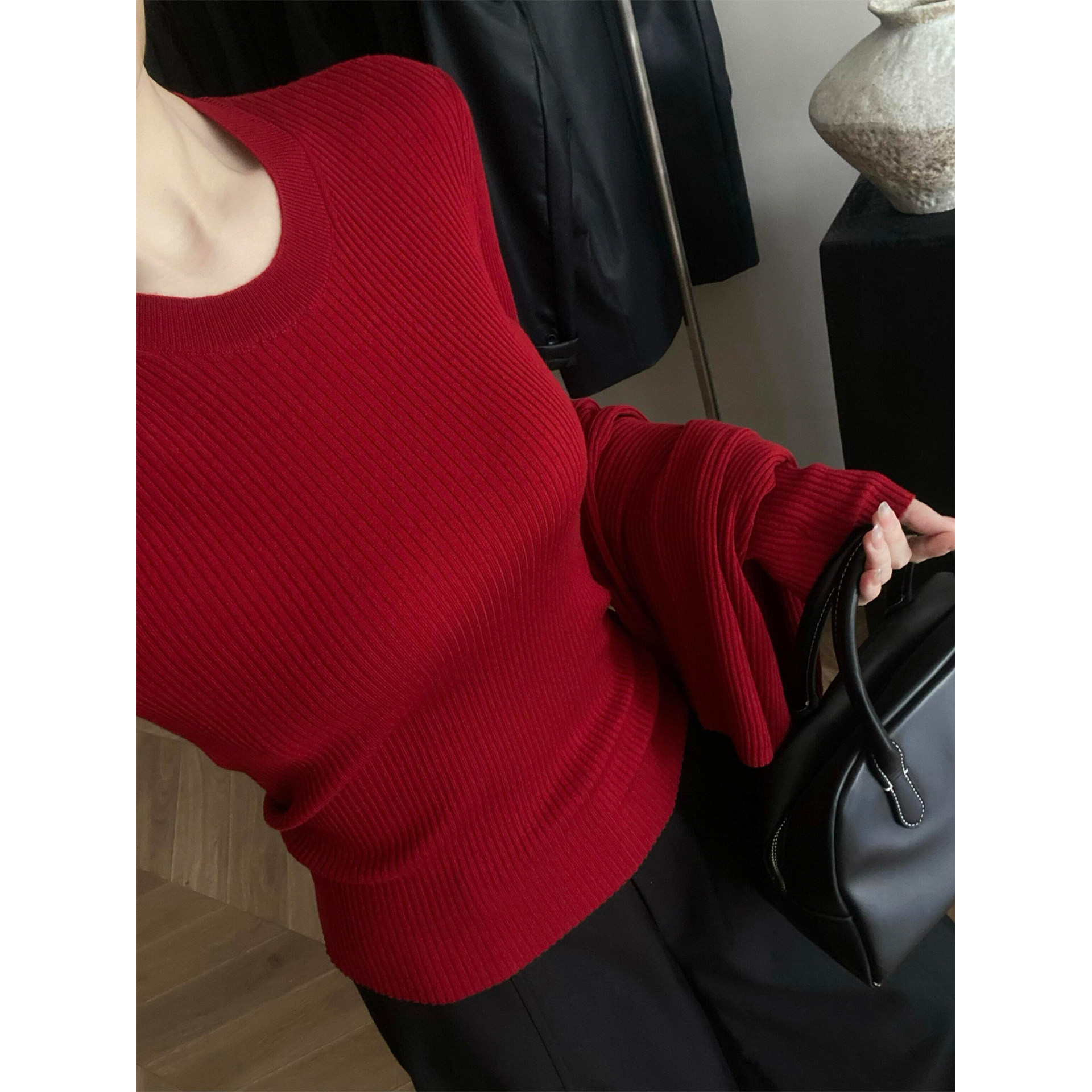 法式新年红色针织打底衫女秋冬高级感修身气质内搭长袖叠穿小上衣