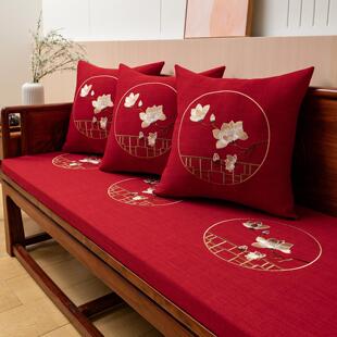 中式多丽丝麻刺绣款实木沙发坐垫红木家俱防滑垫四季通用可拆洗