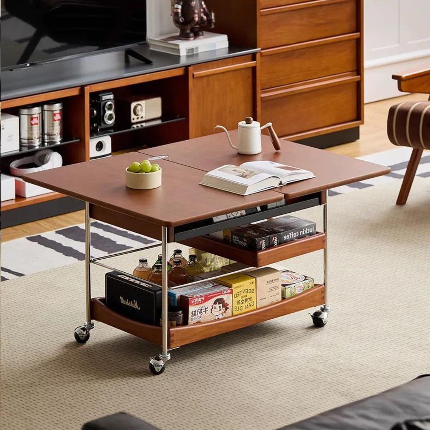 小推车中古风实木茶几家用客厅小户型可移动折叠茶几沙发边几茶桌