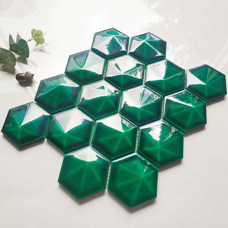 网红墨绿色陶瓷冰裂马赛克立体六边形瓷砖卫生间民宿酒店背景墙砖