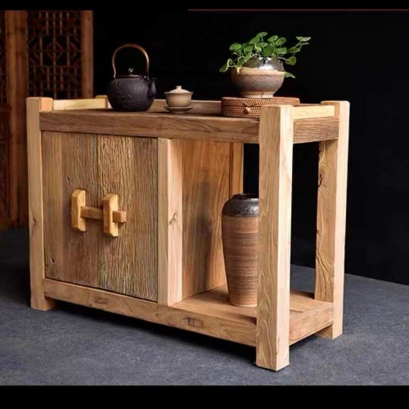 中式实木茶水柜北方老榆木角边柜可放水桶茶水柜茶桌茶台组合柜