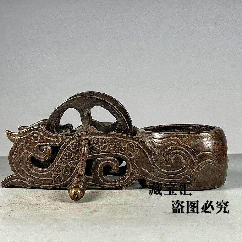 彷古墨斗民国铜器十二生肖龙纹黄铜纯铜老式手摇墨线木工画线工具