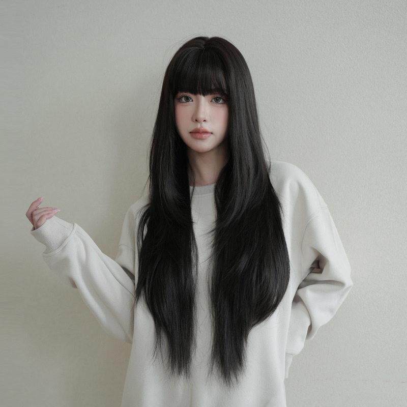 层次碎发假发女黑长直发全头套自然逼真韩式纯欲风齐刘海整顶假发