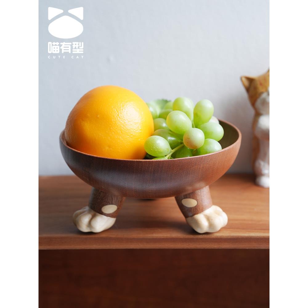 喵时尚三腿猫盘子实木创意果盘餐盘茶盘水果盘沙拉盘木制托盘装饰
