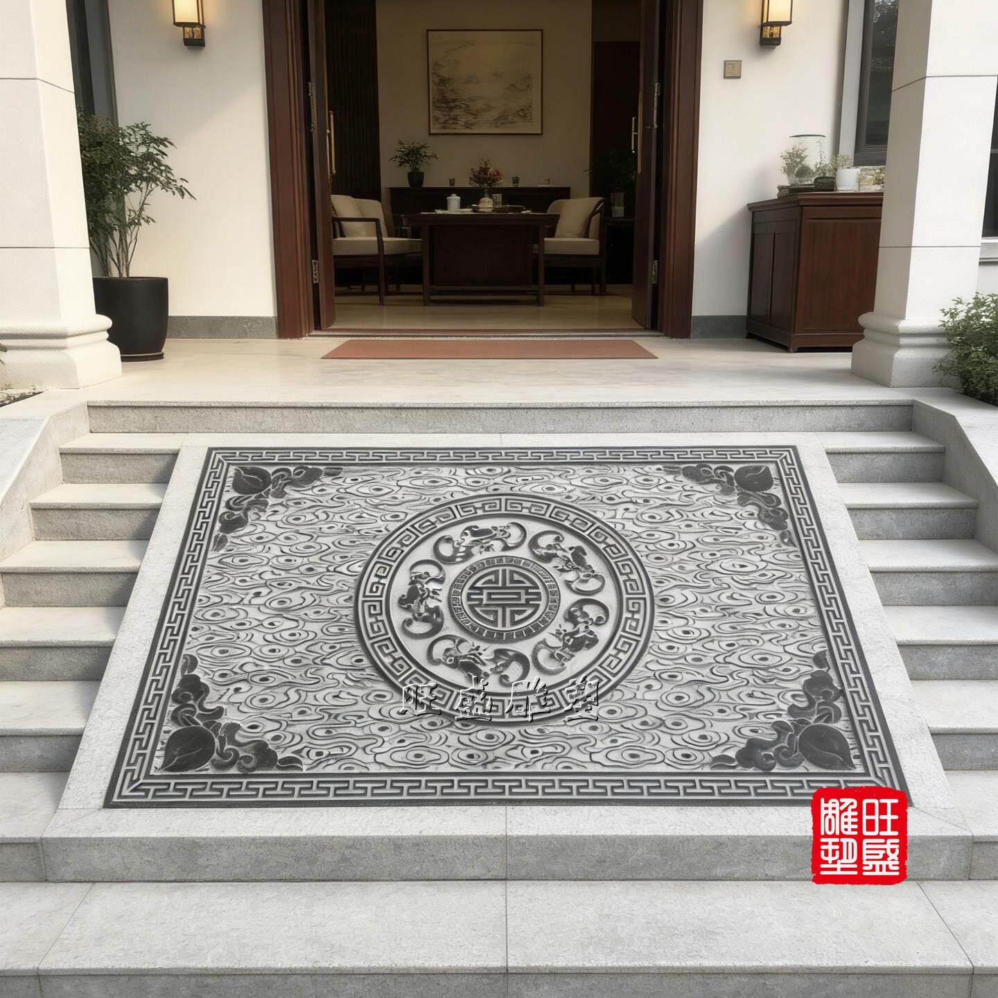 青石祥云浮雕庭院地雕石踏步石台阶石青石板中式大理石装饰门槛石
