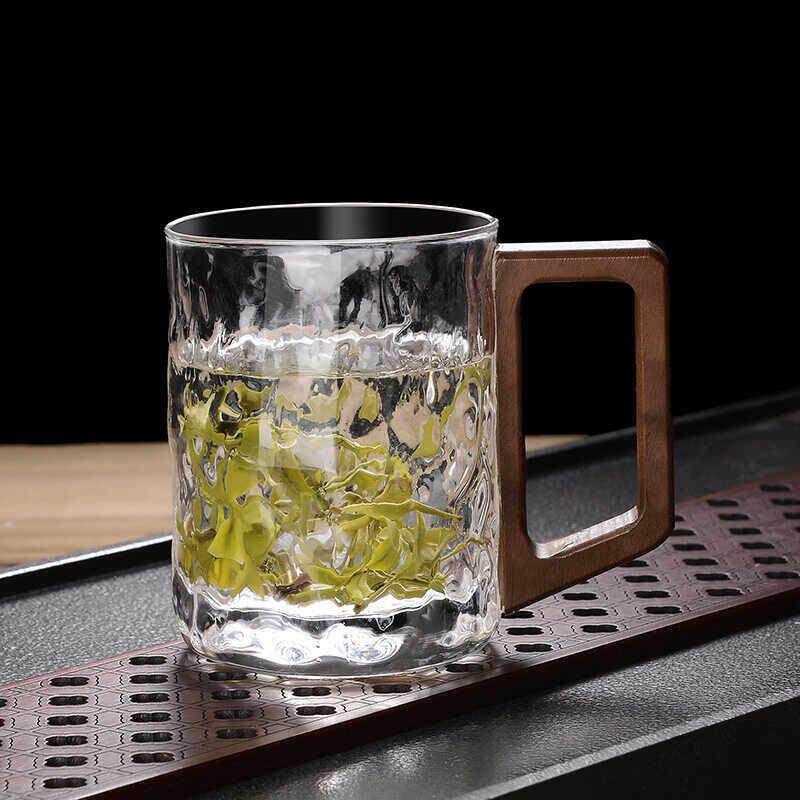 玻璃泡茶杯子喝茶杯个人专用绿茶杯带盖子高硼硅手工木把锤纹品茗